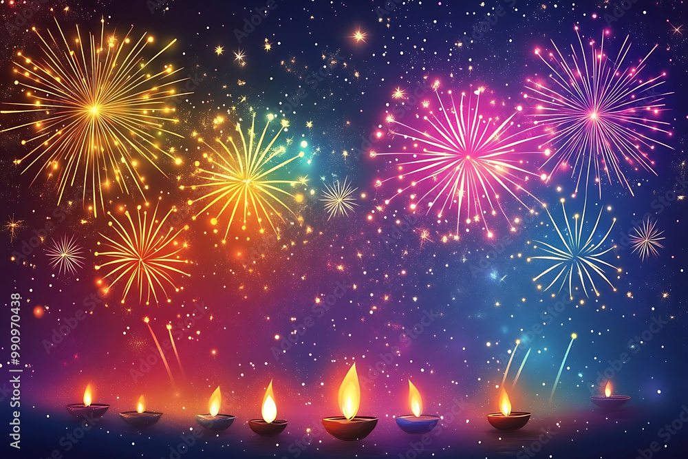Diwali background with colourful fireworks bursting over a night sky Diwali background with colourful fireworks bursting over a night sky