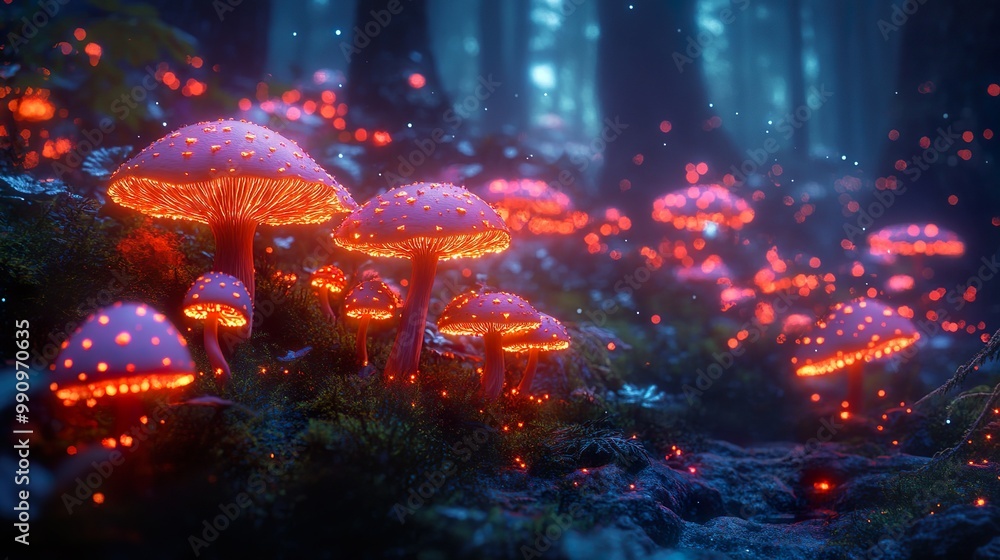 Dark forest lit by glowing neon mushrooms creating dreamlike scene picture Dark forest lit by glowing neon mushrooms creating dreamlike scene picture