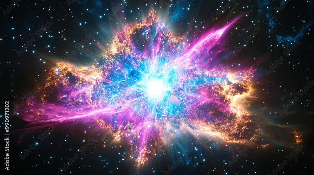 Obraz premium Stunning Celestial Supernova Eruption, Radiant Light Bursts and Shockwaves Expanding in the Cosmos, Space Phenomenon