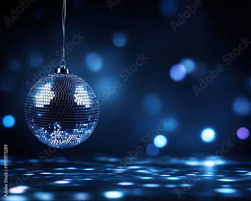 Sparkling disco ball against a vibrant blue background, creating a festive atmosphere.