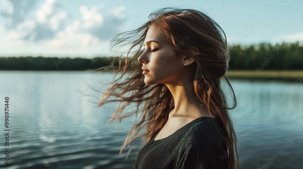 A serene image of a woman standing by a lake, with her hair flowing in the wind, showcasing her natural beauty A serene image of a woman standing by a lake, with her hair flowing in the wind, showcasing her natural beauty
