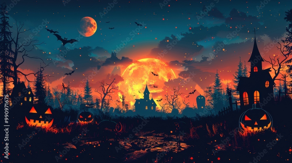 Design Pop Color silhouette illustrations of spooky Halloween Haunted house props in set of collection ,with bold lines and simple design, placed on a white background 