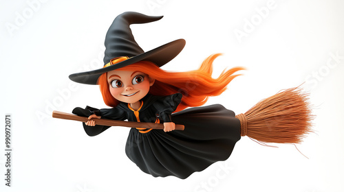 3d cheerful cartoon witch flying on a broomstick, wearing a black robe and pointed hat, with vibrant orange hair.