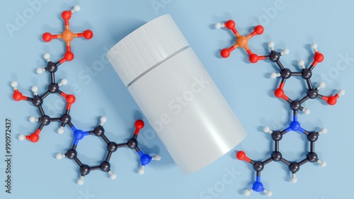 3d rendering of a white cylindrical container. Next to them is a 3D molecular structure, labeled as 