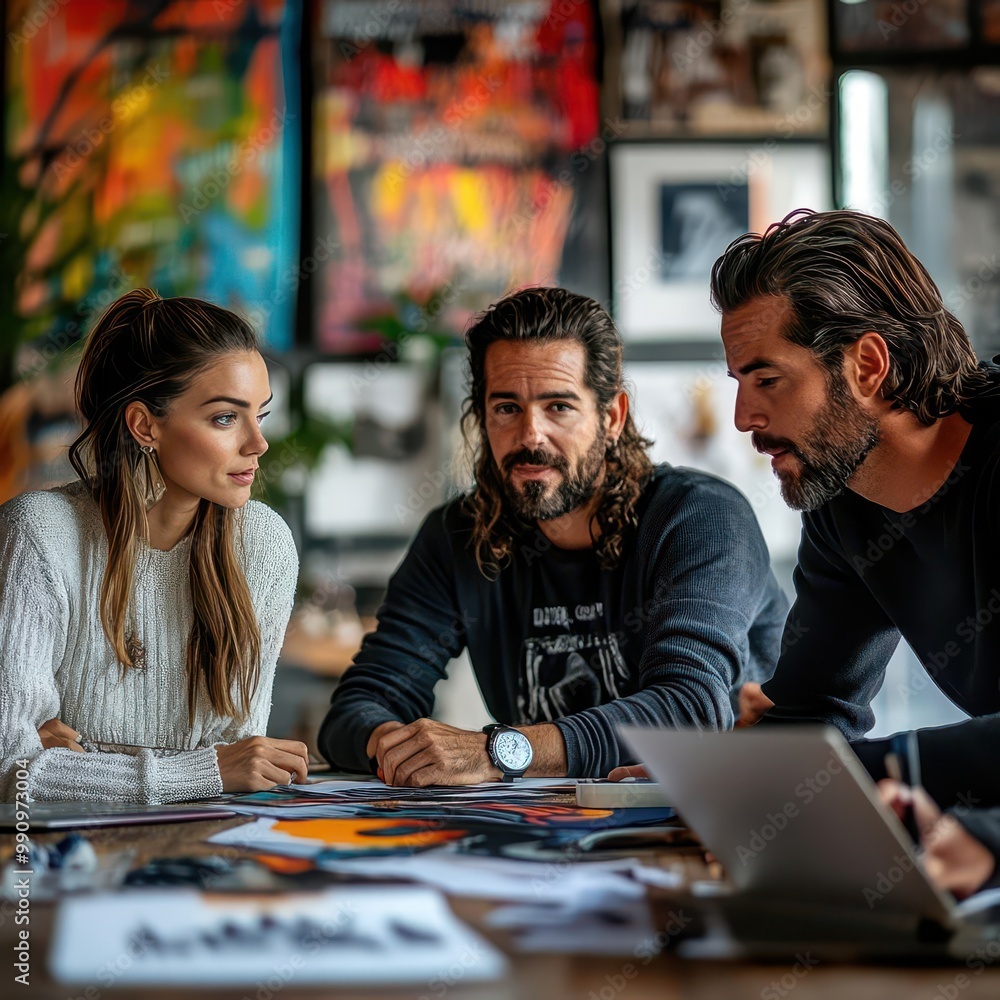 Company branding team discussion with designers working on a logo, creative environment, vibrant colors, sharp focus. Company branding team discussion with designers working on a logo, creative environment, vibrant colors, sharp focus.