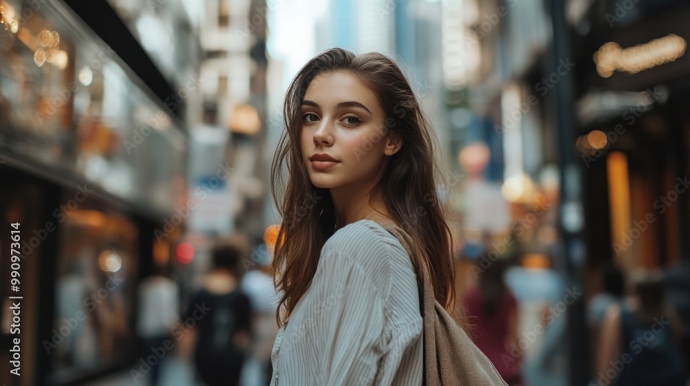 A stunning young woman in a contemporary outfit, captured in a candid moment while walking through a bustling city street A stunning young woman in a contemporary outfit, captured in a candid moment while walking through a bustling city street