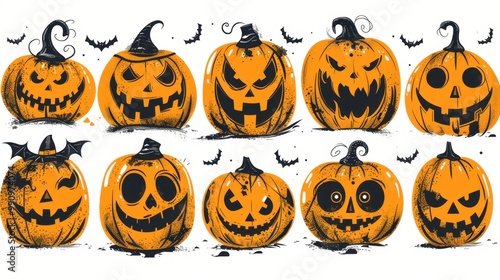 Design Pop Color silhouette illustrations of spooky Halloween Pumpkins in set of collection ,with bold lines and simple design, placed on a white background 