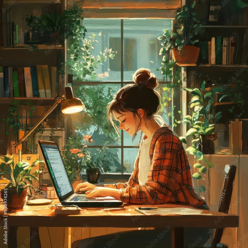 Distance learning at home with a student attending classes online, cozy setting, digital style, sharp focus, bright lighting. Distance learning at home with a student attending classes online, cozy setting, digital style, sharp focus, bright lighting.