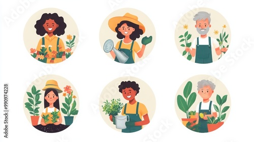  a set of illustrated avatars in circular frames showcasing diverse people gardening. One person wears overalls holding a watering can, another has short curly hair and a joyful expression