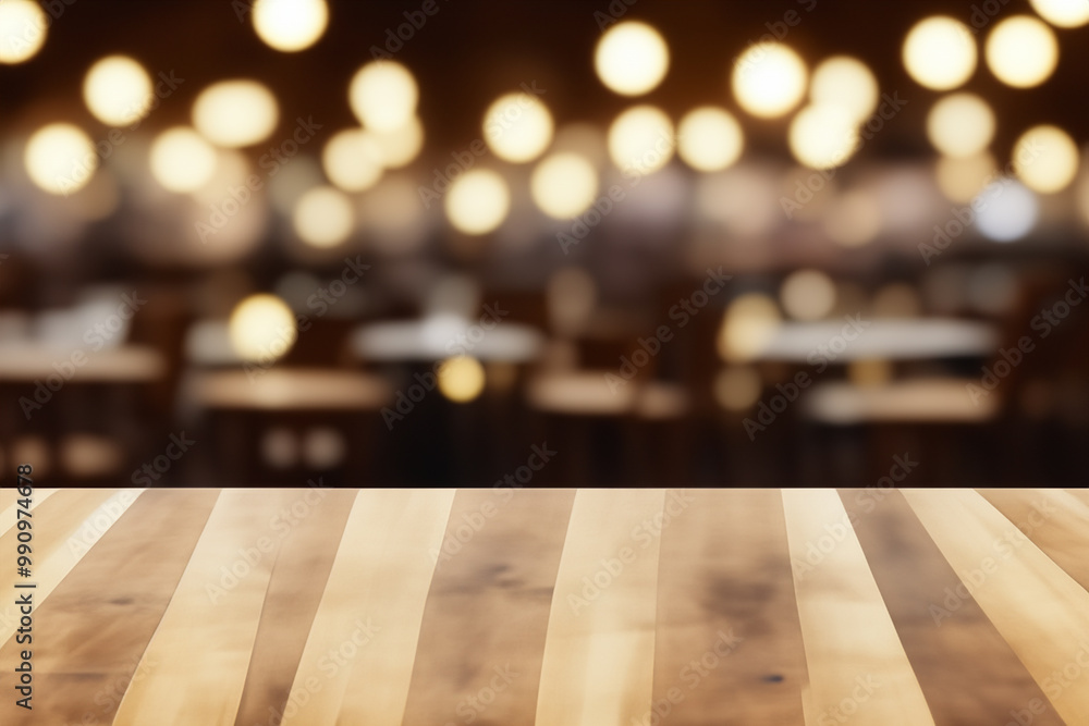 Wooden tabletop with blurred background of a restaurant with warm lights. Wooden tabletop with blurred background of a restaurant with warm lights.