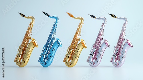 Colorful saxophones line up in a row, each one a burst of musical vibrancy.