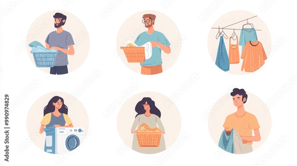 a set of illustrated avatars in circular frames showcasing diverse people doing laundry. One person wears casual clothes holding a laundry basket, another has short hair a set of illustrated avatars in circular frames showcasing diverse people doing laundry. One person wears casual clothes holding a laundry basket, another has short hair
