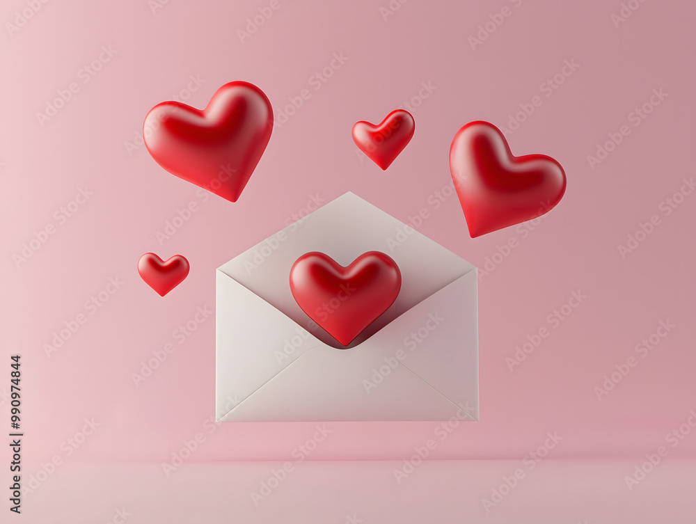 White paper envelope in 3d style with floating red hearts love message on minimal pink background, Valentine's day concept White paper envelope in 3d style with floating red hearts love message on minimal pink background, Valentine's day concept