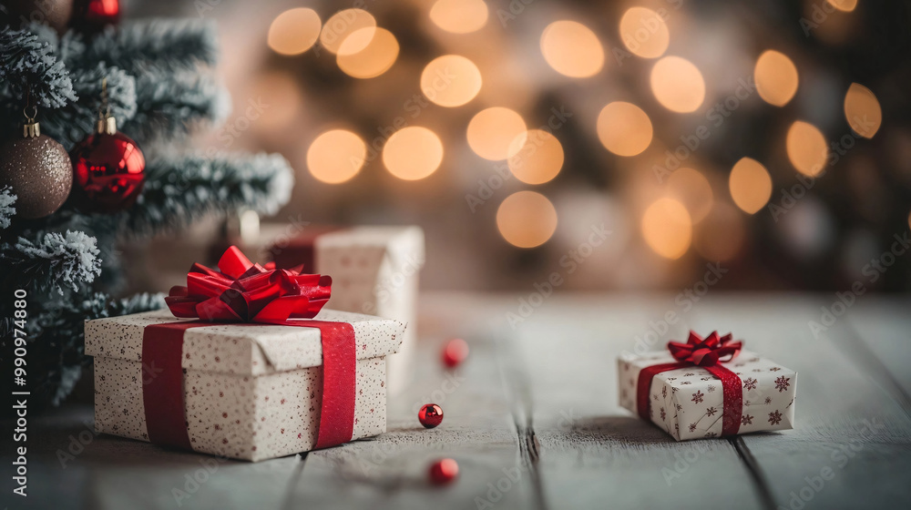 A festive scene featuring beautifully wrapped Christmas gifts with red bows under a decorated tree, with glowing bokeh lights in the background creating a warm holiday ambiance A festive scene featuring beautifully wrapped Christmas gifts with red bows under a decorated tree, with glowing bokeh lights in the background creating a warm holiday ambiance