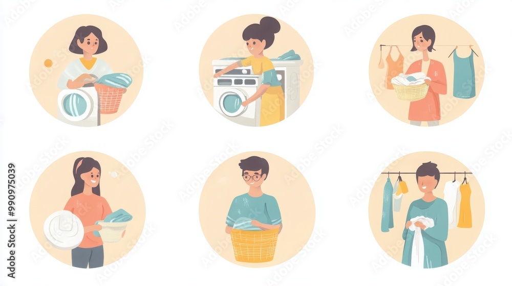 Fototapeta premium a set of illustrated avatars in circular frames showcasing diverse people doing laundry. One person wears casual clothes holding a laundry basket, another has short hair 