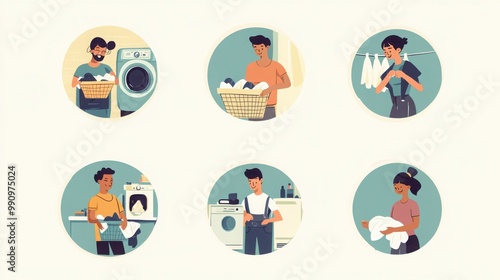 a set of illustrated avatars in circular frames showcasing diverse people doing laundry. One person wears casual clothes holding a laundry basket, another has short hair 