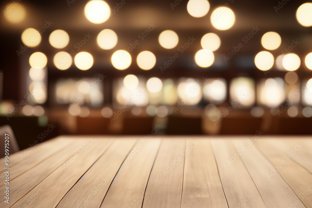 Wooden table with blurry background lights in a restaurant or cafe. Wooden table with blurry background lights in a restaurant or cafe.
