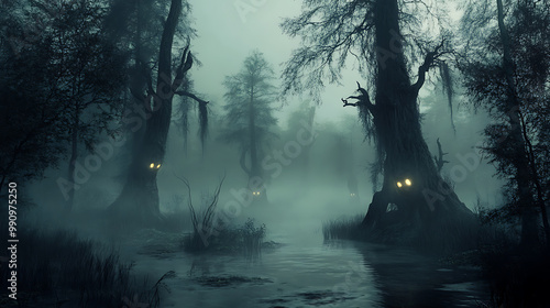 Foggy Swamp with Twisted Trees and Glowing Mist