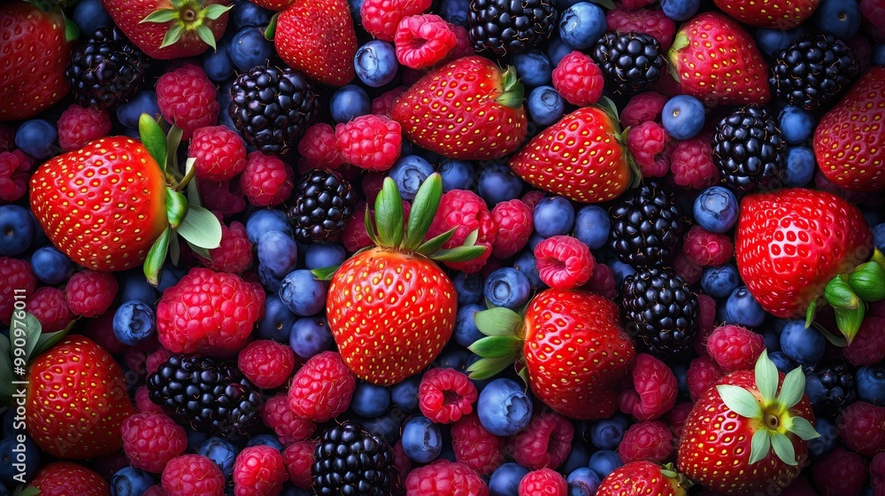 Vibrant collection of ripe berries, featuring strawberries, blackberries Vibrant collection of ripe berries, featuring strawberries, blackberries