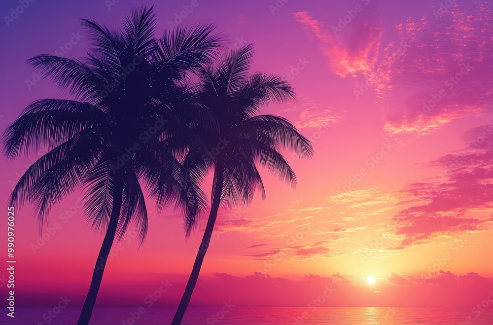 Two palm trees silhouette against a vibrant pink sunset by the ocean Two palm trees silhouette against a vibrant pink sunset by the ocean