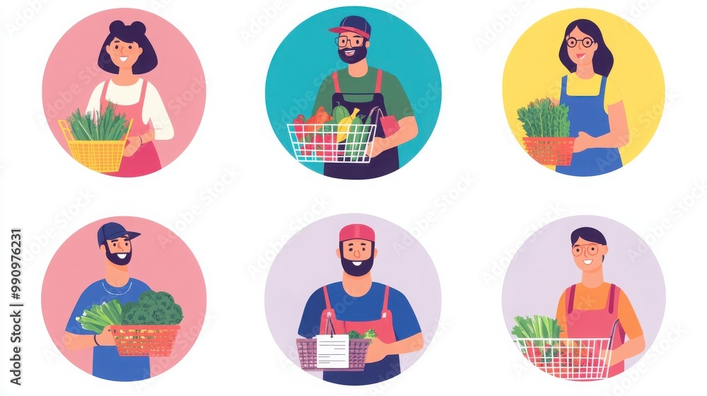 Fototapeta premium a set of illustrated avatars in circular frames showcasing diverse individuals grocery shopping. One person wears casual clothes holding a shopping basket