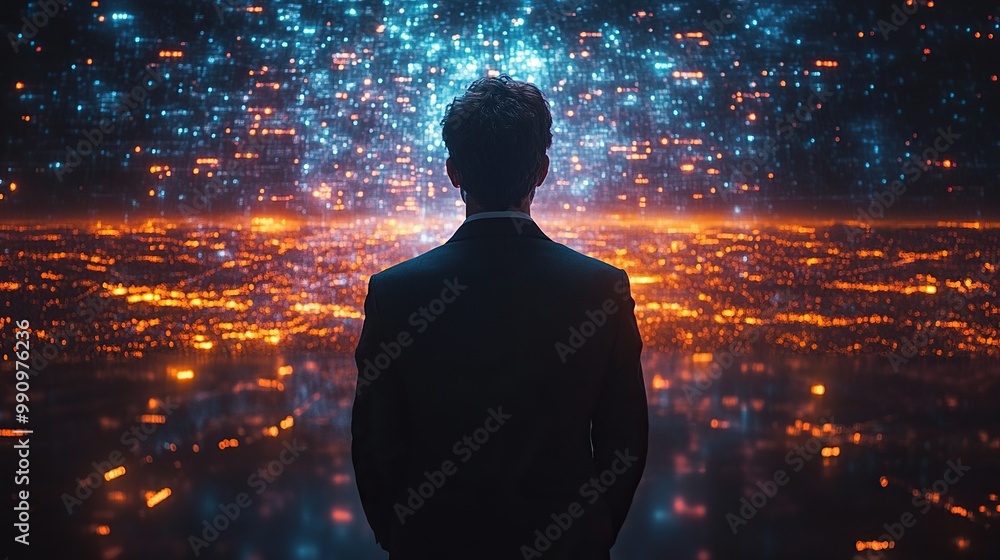 A businessman navigates global networks and big data in a dark office, emphasizing the role of virtual reality in future digital environments. A businessman navigates global networks and big data in a dark office, emphasizing the role of virtual reality in future digital environments.