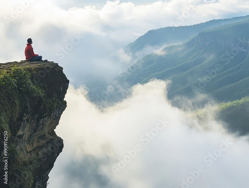 A serene figure meditates on a cliff's edge, surrounded by misty mountains and clouds, embodying tranquility and connection with nature. photo