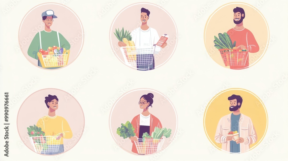 a set of illustrated avatars in circular frames showcasing diverse individuals grocery shopping. One person wears casual clothes holding a shopping basket a set of illustrated avatars in circular frames showcasing diverse individuals grocery shopping. One person wears casual clothes holding a shopping basket