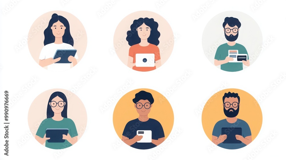 a set of illustrated avatars in circular frames showcasing diverse individuals shopping online. One person wears a t-shirt holding a tablet a set of illustrated avatars in circular frames showcasing diverse individuals shopping online. One person wears a t-shirt holding a tablet