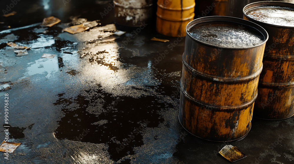 Oil spilling from oil drums barrel onto floor Oil spilling from oil drums barrel onto floor
