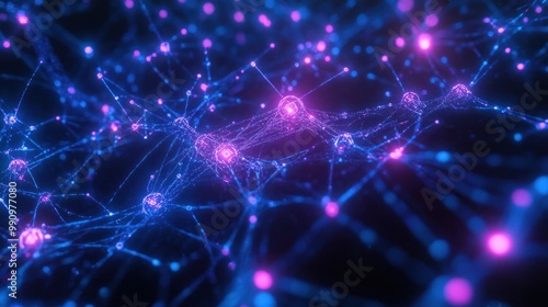 An abstract visualization of quantum computing with interconnected nodes and quantum gates, illuminated in neon blue and purple