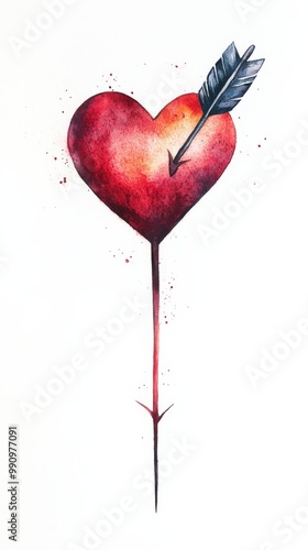 A vibrant heart pierced by an arrow in a creative watercolor style, symbolizing love and passion with artistic flair