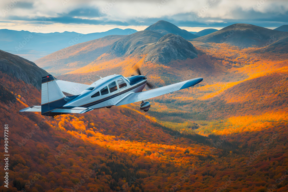 Fototapeta premium A small, single-engine plane flying over a rugged mountain range, with autumn colors in full display
