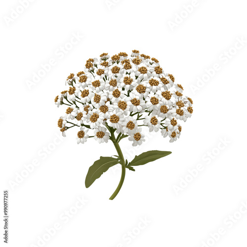 White Yarrow Flower with Green Stem and Leaves Isolated on White Background photo