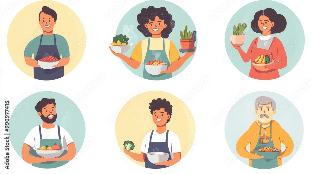 Fototapeta premium a set of illustrated avatars in circular frames showcasing diverse individuals cooking dinner. One person wears an apron holding a pot