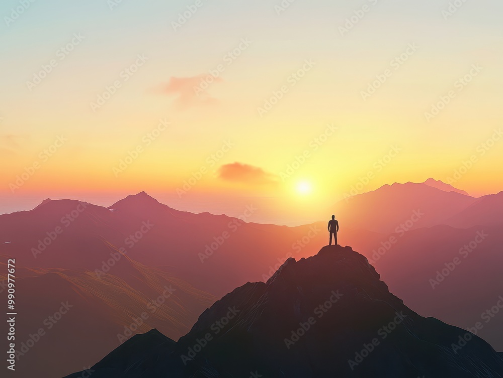 A climber stands atop a mountain peak at sunset, surrounded by a breathtaking landscape of mountains and soft pastel skies. A climber stands atop a mountain peak at sunset, surrounded by a breathtaking landscape of mountains and soft pastel skies.