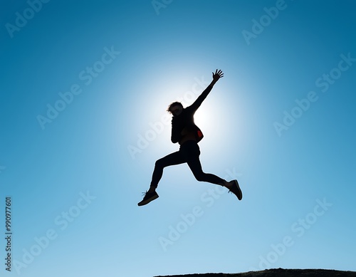 Wallpaper Mural A person jumps high into the air, their body fully extended in mid-motion, creating a dynamic silhouette against a crisp, clear blue sky. Torontodigital.ca