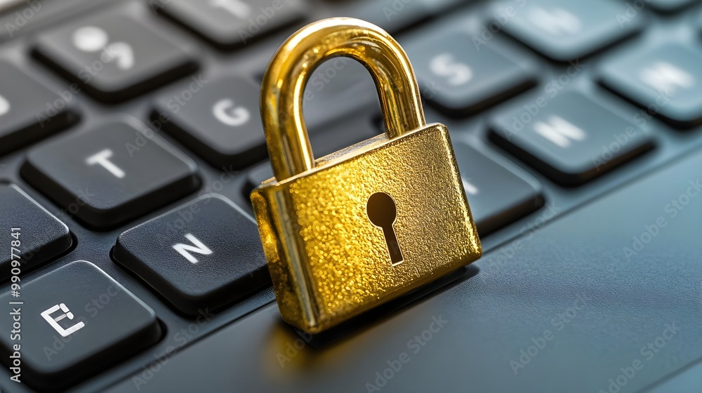 Golden padlock on a keyboard, symbolizing security and data protection. Golden padlock on a keyboard, symbolizing security and data protection.