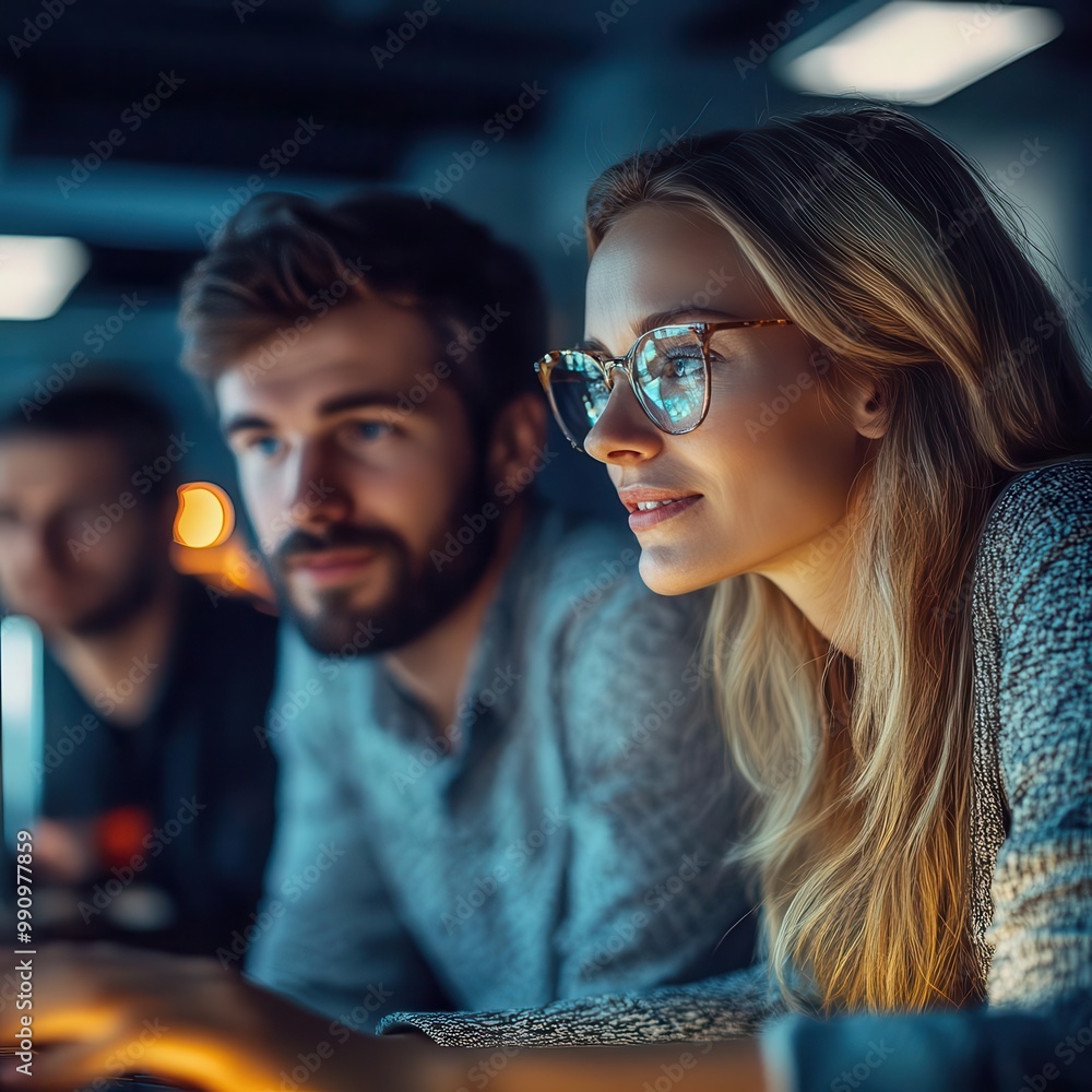 Online marketing strategy session with a team analyzing digital campaigns, modern office, tech-savvy style, sharp focus. Online marketing strategy session with a team analyzing digital campaigns, modern office, tech-savvy style, sharp focus.