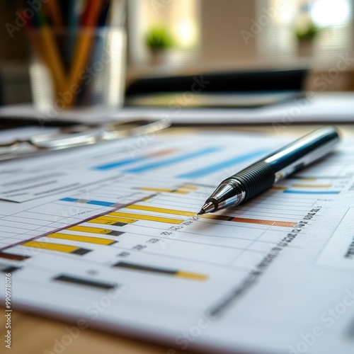 Project management tools in use on a desk, including Gantt charts and task lists, organized workspace, close-up, sharp focus.