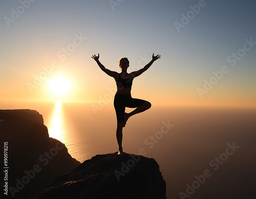 A person stands on one leg in a yoga tree pose at the edge of a cliff, their silhouette sharply defined against the expansive sky and distant ocean below.