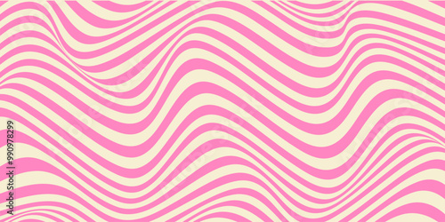 Abstract horizontal background with colorful waves. Trendy vector illustration in style retro 60s, 70s. Pink and beige colors