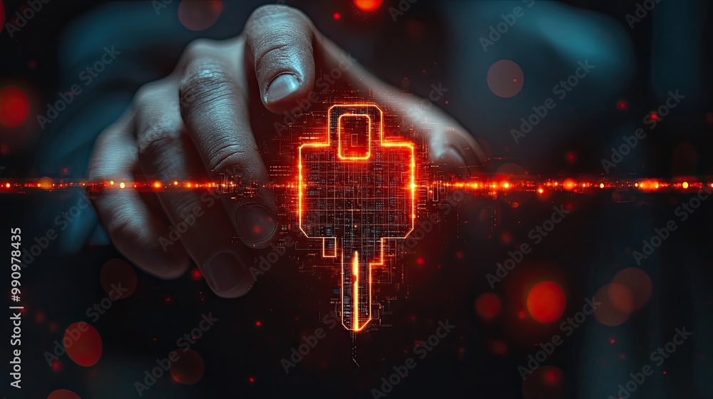 A businessman touches a virtual master key, symbolizing access control and the importance of technology security systems in protecting against hacking. A businessman touches a virtual master key, symbolizing access control and the importance of technology security systems in protecting against hacking.