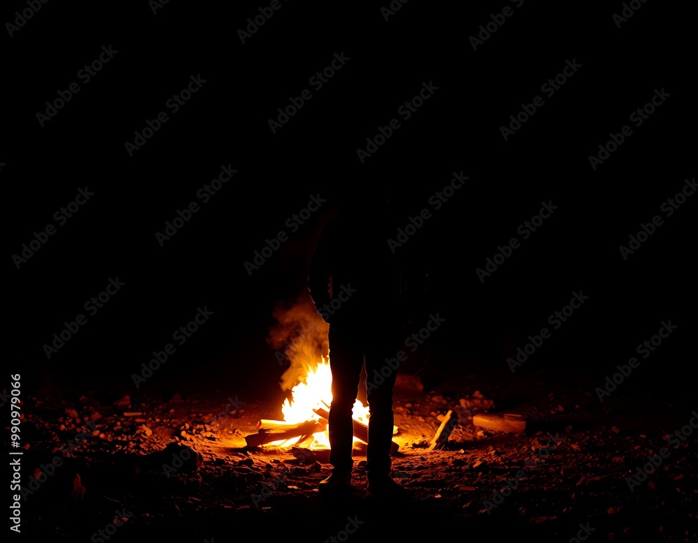 A person stands before a crackling campfire, their silhouette outlined by the warm glow of the flames against the dark night sky. A person stands before a crackling campfire, their silhouette outlined by the warm glow of the flames against the dark night sky.