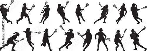 Silhouette Vector Set of Female Lacrosse Players in Action
