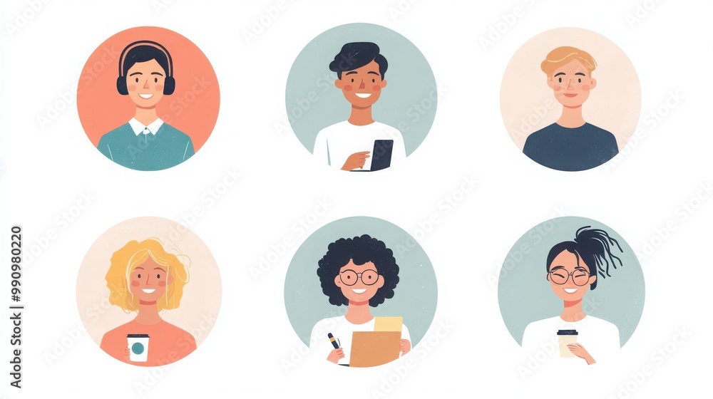 a set of illustrated avatars in circular frames showcasing diverse online coaches and mentors. One coach wears a headset holding a notepad, another has short straight hair a set of illustrated avatars in circular frames showcasing diverse online coaches and mentors. One coach wears a headset holding a notepad, another has short straight hair