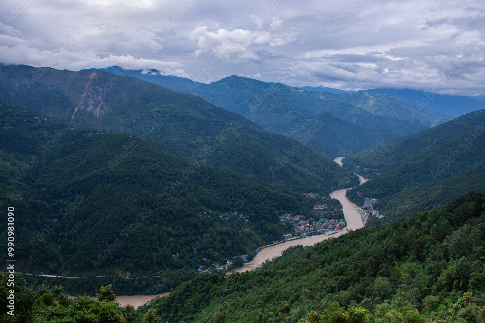 Fototapeta premium Aerial view of River Tista and Melli township
