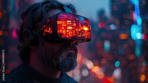 A businessman wears virtual reality goggles against a night city backdrop, illustrating the immersive experience of VR technology in business contexts.