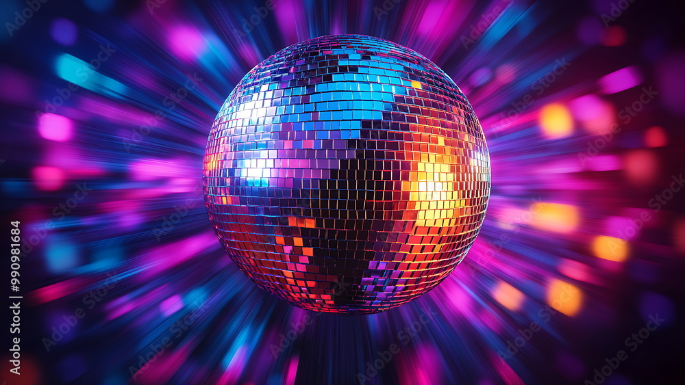 Obraz premium A colorful disco ball with vibrant lights and a dark background.