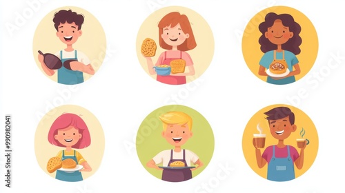  a set of illustrated avatars in circular frames showcasing diverse individuals preparing breakfast. One person wears an apron holding a frying pan